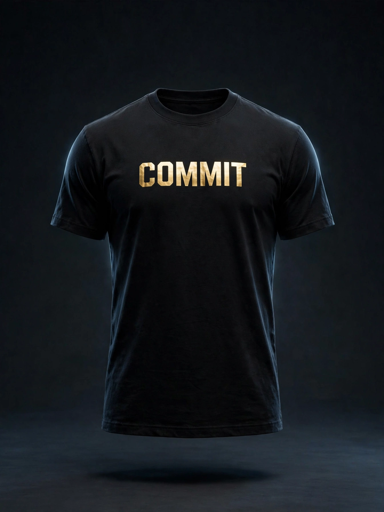 Black heavyweight tee with COMMIT in gold across the front