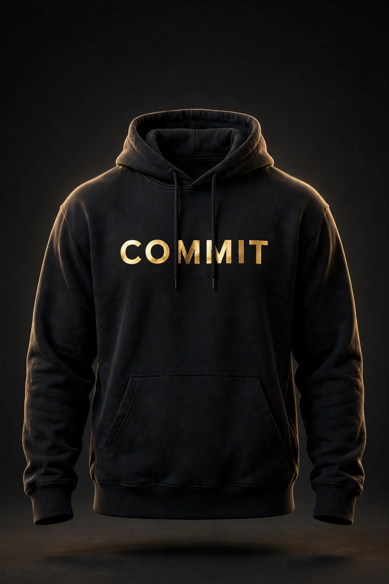 Black pullover hoodie with COMMIT in gold across the front